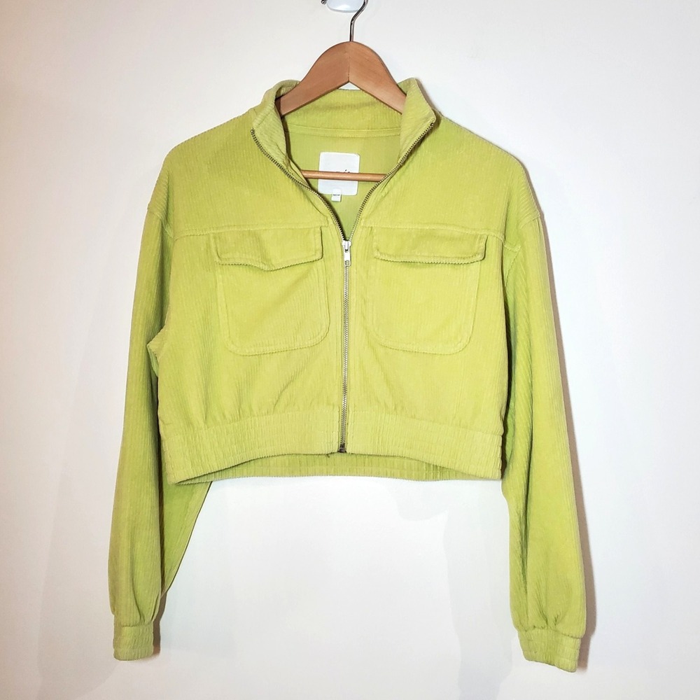 Aerie Groove On Velour Full Zip Cropped Jacket Lime Green Ribbed Corduroy XS